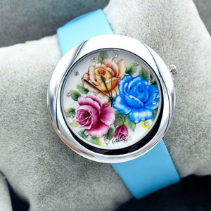 Shsby Brand flowers Leather Strap Watches Women Dress Watch girl Casual Quartz wristwatch Lady Rhinestone Quartz bracelet Watch - Virtual Blue Store