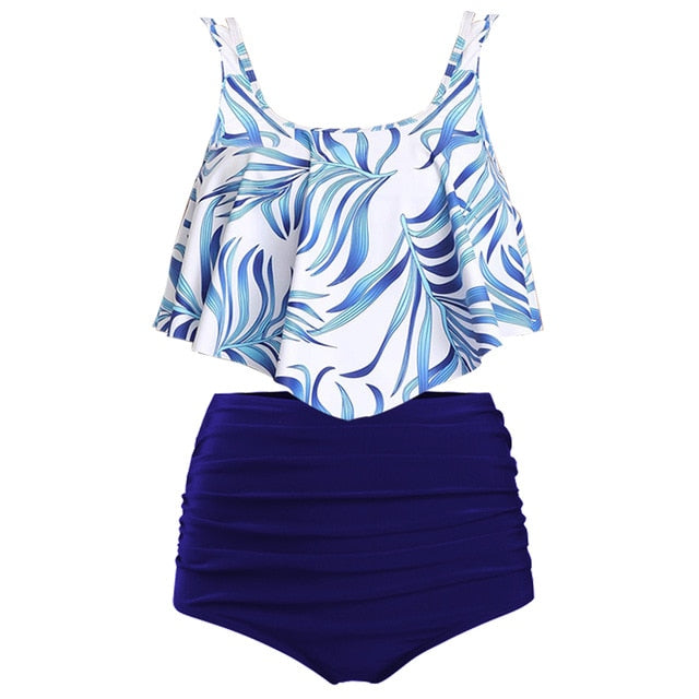 Women Ruched High Waist Bikini  Plus Size Swimwear Summer Swimsuit Flamingos Beach Bathing Suit Ruffle Bikini Mujer - Virtual Blue Store