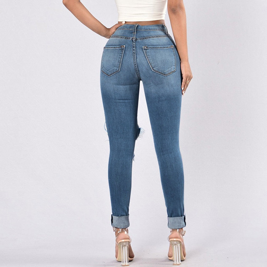 Women Fashion Ripped Jeans High Waist Big Hole Elastic Long Pencil Pants Tight Trousers Jeans Pantalones Vaqueros Mujer#25 - Virtual Blue Store