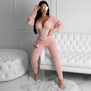 Tracksuit Plastic Waist Cropped Sweatshirt +Pencil Pants Casual Two Piece Set Front Zipper Long Sleeve Leisure Suit - Virtual Blue Store