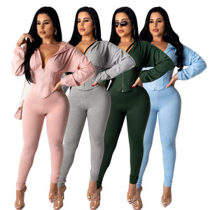 Tracksuit Plastic Waist Cropped Sweatshirt +Pencil Pants Casual Two Piece Set Front Zipper Long Sleeve Leisure Suit - Virtual Blue Store