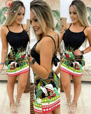 Sexy Women Summer Bodycon Pencil Dress Hollow Out Design Bow Decor Sling Sleeveless Backless Print Slim Hips Mini Dress