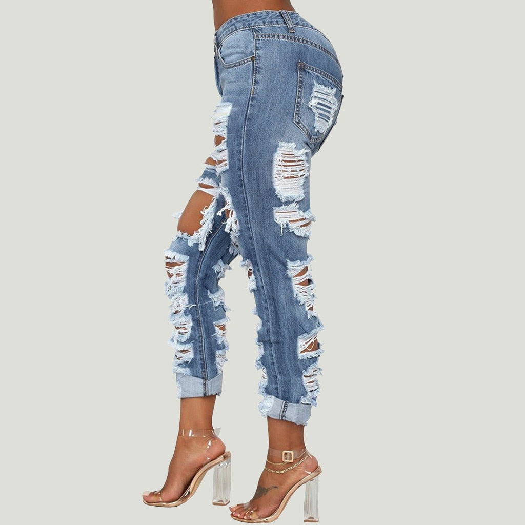 Sexy Hole Boyfriend Jeans Women High Waist Elastic Ripped Mom Jeans Streetwear Slim Denim Pencil Pants Ladies Skinny Trouser - Virtual Blue Store