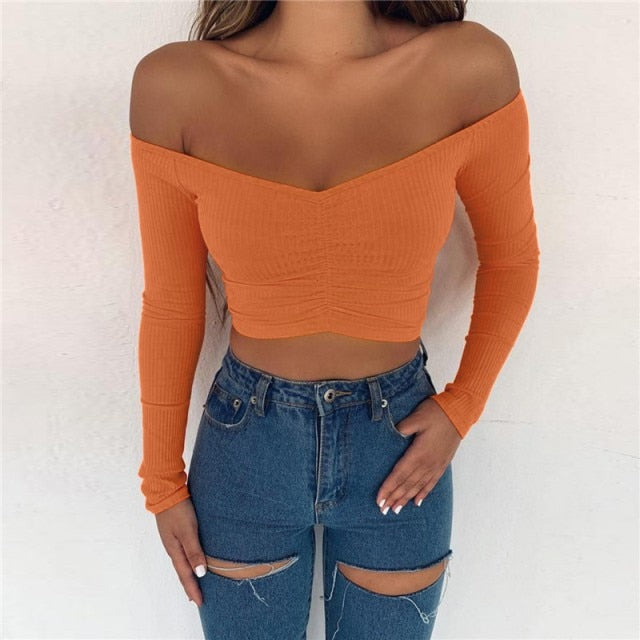 women T-shirts sexy and club fashion female T-shirt long sleeve off shoulder solid color lady Tshirt autumn basic tees - Virtual Blue Store