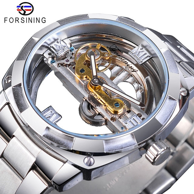 Forsining Men Transparent Design Mechanical Watch Automatic Silver Square Golden Gear Skeleton Stainless Steel Belts Clock Saati - Virtual Blue Store
