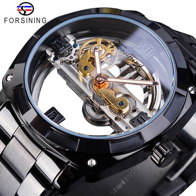 Forsining Men Transparent Design Mechanical Watch Automatic Silver Square Golden Gear Skeleton Stainless Steel Belts Clock Saati - Virtual Blue Store