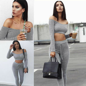 New Fashion 2 Piece Set Women Off Shoulder Crop Top And Long Pants Suit Ladies Sexy Leisure Two Piece Tracksuit - Virtual Blue Store