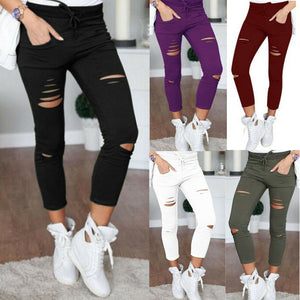 Hot Sale Women Skinny Ripped Holes Leggings Casual Hole Jeans Pants Leggings High Waist Stretch Slim Pencil Trousers - Virtual Blue Store