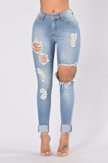 Black Ripped Jeans For Women Denim Pencil Pants Trousers High Waist Stretch Skinny Jeans Torn Jeggings Plus Size mom jeans - Virtual Blue Store