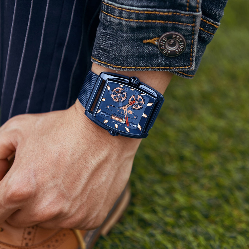 MINI FOCUS Mens Watches Top Brand Luxury Design Quartz Watch Wrist Men Stainless steel mesh belt or Leather Strap 30m Waterproof - Virtual Blue Store