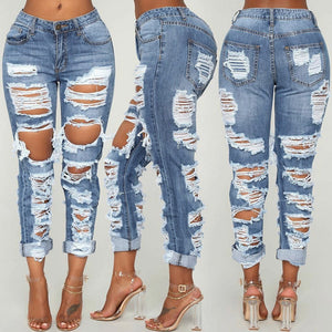 Sexy Hole Boyfriend Jeans Women High Waist Elastic Ripped Mom Jeans Streetwear Slim Denim Pencil Pants Ladies Skinny Trouser - Virtual Blue Store