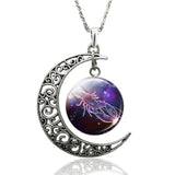 12 Constellation Necklace Zodiac Signs Cabochon Glass Crescent Moon Pendant Clavicle chain Necklace Birthday Gifts for Women - Virtual Blue Store