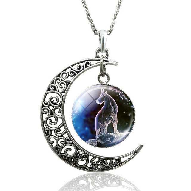 12 Constellation Necklace Zodiac Signs Cabochon Glass Crescent Moon Pendant Clavicle chain Necklace Birthday Gifts for Women - Virtual Blue Store