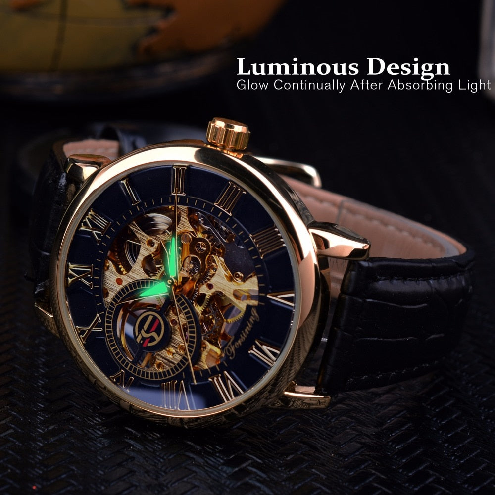 Forsining 3d Logo Design Hollow Engraving Black Gold Case Leather Skeleton Mechanical Watches Men Luxury Brand Heren Horloge - Virtual Blue Store