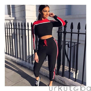 Casual Women's Tracksuit Tights Sportswear Fitness Suit For Female Clothing Workout Two Piece Jumpsuit Long Sleeve Crop Top - Virtual Blue Store