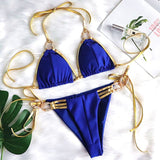 New Sexy Crystal Diamond Tassel Bikini 2020 Women Golden Bandeau Swimsuit Female Swimwear Ribbed Bikini set Halter Bathing Suit - Virtual Blue Store