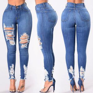 Women Denim Skinny Trousers High Waist Jeans Destroyed Knee Holes Pencil Pants Trousers Stretch Ripped Boyfriend Female - Virtual Blue Store