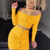 Sexy Off Shoulder Two Piece Set Solid Button Bodycon 2 Piece Set Women Long Sleeve Top And Skirt Summer Autumn Sets - Virtual Blue Store