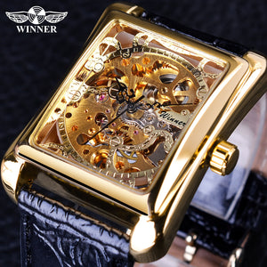 Winner 2021 Retro Casual Series Rectangle Dial Design Golden Pattern Hollow Skeleton Watch Men Watch Top Brand Luxury Mechanical - Virtual Blue Store