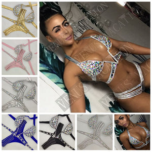 Venus vacation V collar rhinestone swimwear daimond bikini set push up swimsuit bling stones bathing suit - Virtual Blue Store