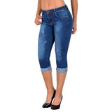 Plus Size Fashion Summer Women High Waist Skinny Jeans Knee Length Hole Ripped Denim Capri Slim Streetwear Stretch Casual Pants - Virtual Blue Store