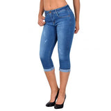 Plus Size Fashion Summer Women High Waist Skinny Jeans Knee Length Hole Ripped Denim Capri Slim Streetwear Stretch Casual Pants - Virtual Blue Store