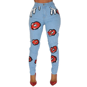 Autumn High Waist Jeans Women  Mouth Printed Denim Pants Female Casual Skinny Jeans With Pockets pantalones Streetwear D30 - Virtual Blue Store