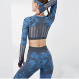 2PCS Camouflage Set Women Yoga Suit Sport Set Gym Workout Clothes Long Sleeve Fitness Crop Top High Waist Seamless Camo Leggings - Virtual Blue Store