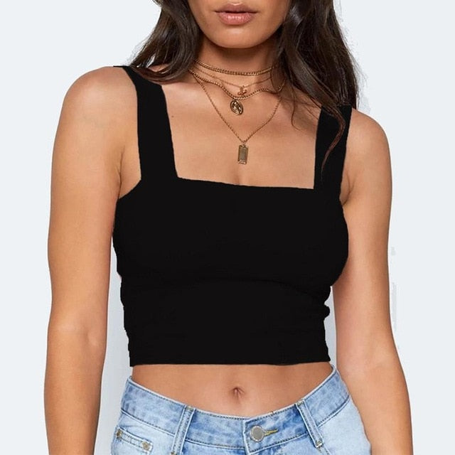 Square Neck Sleeveless Summer Crop Top White Women Black Casual Basic T Shirt Off Shoulder Cami Sexy Backless Tank Top - Virtual Blue Store