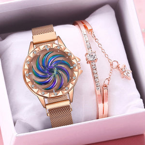 Women Magnet Buckle Rotating Flower Watch Bracelet Set Luxury Ladies Quartz Watch Relogio Feminino - Virtual Blue Store