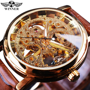 Winner 2021 Retro Casual Series Rectangle Dial Design Golden Leather Strap Mens Watches Top Brand Luxury Mechanical Skeleton Watch - Virtual Blue Store