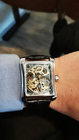 Winner 2021 Retro Casual Series Rectangle Dial Design Golden Pattern Hollow Skeleton Watch Men Watch Top Brand Luxury Mechanical - Virtual Blue Store