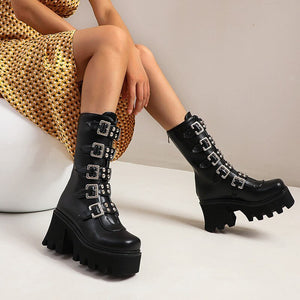 Punk Rock Steam  Metal Buckle Motorcycle Boots Women Rivet Chunky Heel Short Booties Thick Platform Gothic Shoes Lad - Virtual Blue Store