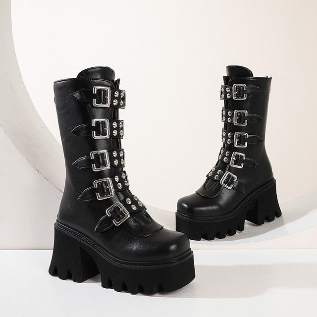 Punk Rock Steam  Metal Buckle Motorcycle Boots Women Rivet Chunky Heel Short Booties Thick Platform Gothic Shoes Lad - Virtual Blue Store