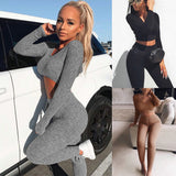 Women Autumn Sexy Knitted Knitwear Tracksuits 2 Pieces Soild Long Sleeve Crop Tops +Lace-up Long Pants High Street Outfits - Virtual Blue Store