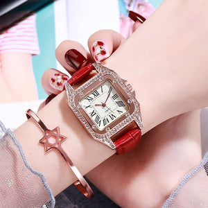 Fashion Ladies Quartz Watch Rhinestone Crystal Tonneau Women Watch Dress Luxury Roman Numerals Leather Watch for women - Virtual Blue Store