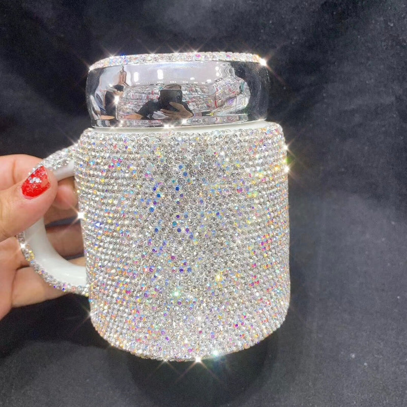 Sparkling Coffee Mug with Lid Ceramic Crystal Rhinestones Tumbler Cup Long Distance Relationship Gifts Milk Water Cups Cute - Virtual Blue Store