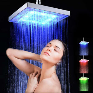 New LED Rainfall Shower Head Square Shower Head Automatically RGB Color-Changing Temperature Sensor Showerhead for Bathroom - Virtual Blue Store