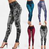 Women Gym Leggings Faux Denim Jeans Leggings Pocket Printing Leggings Casual High Waist Pencil Pants Plus Pants
