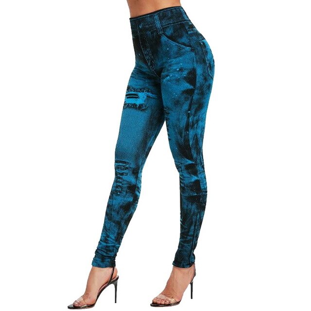 Women Gym Leggings Faux Denim Jeans Leggings Pocket Printing Leggings Casual High Waist Pencil Pants Plus Pants - Virtual Blue Store