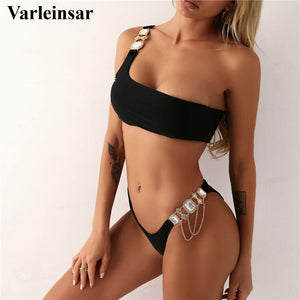 Sexy 6 Color Bling Diamond Bikini Female Swimsuit Women Swimwear Two-pieces Bikini set One Shoulder Bather Bathing Suit V2673 - Virtual Blue Store