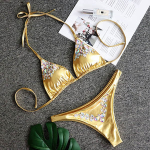 Push up Crystal Diamond Bikini 2020 Bandage Swimsuit Women Rhinestone Swimwear Female Two piece Bikini set Halter Bathing Suit - Virtual Blue Store