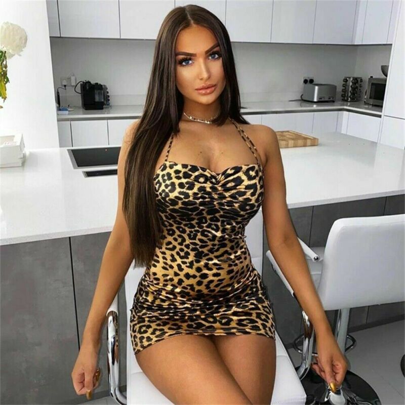 Sexy Women's Sleeveless Leopard print Halter V neck Cami Bodycon Dress Evening Party Club Short Mini Dress - Virtual Blue Store