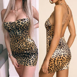 Sexy Women's Sleeveless Leopard print Halter V neck Cami Bodycon Dress Evening Party Club Short Mini Dress - Virtual Blue Store