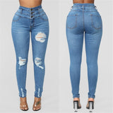 Brand New Womens Juniors Ripped High Waist Long Pants Jeans Butt Lift 3 Button Slim Fit Skinny Denim Pants with Ripped Holes