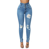 Brand New Womens Juniors Ripped High Waist Long Pants Jeans Butt Lift 3 Button Slim Fit Skinny Denim Pants with Ripped Holes - Virtual Blue Store