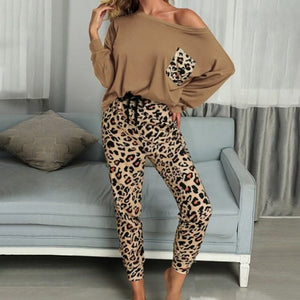 Leopard Homewear Suits Women Autumn Casual T Shirts Drawstring Sweatpants Lounge Wear Fashion Pajama Sets Elastic Sleepwear - Virtual Blue Store