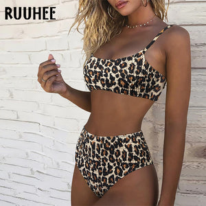 RUUHEE Leopard Swimsuit Women Push Up Bikini 2021 Shirred High Waist Swimwear Female Biquini Brazilian Swimming Bathing Suit - Virtual Blue Store
