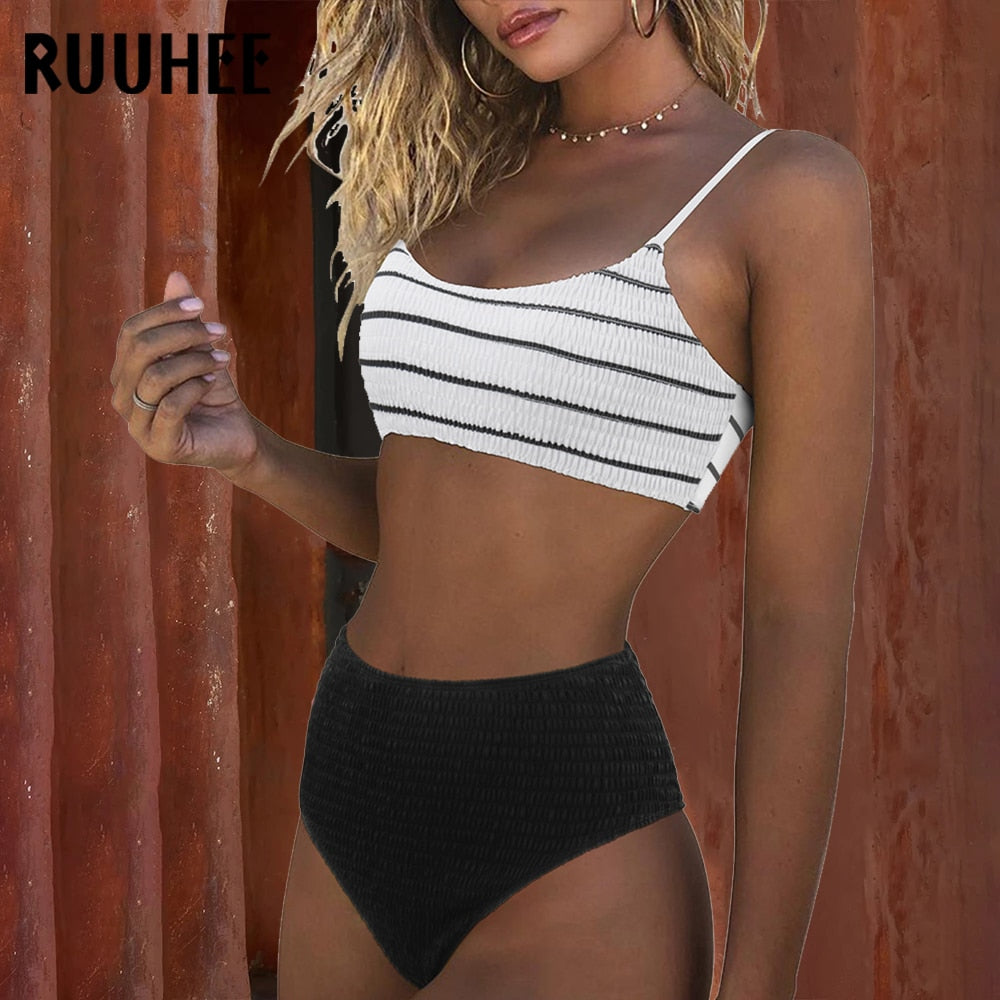 RUUHEE Leopard Swimsuit Women Push Up Bikini 2021 Shirred High Waist Swimwear Female Biquini Brazilian Swimming Bathing Suit - Virtual Blue Store