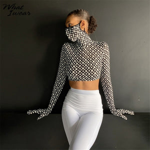 Leopard Print Woman Tshirts With Mask Gloves Chic Casual Y2k Top Long Sleeve Stretchy Shirt Female Fashion Tees Harajuku - Virtual Blue Store